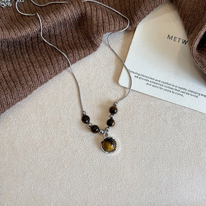 Women's Style Leather Tiger Eye Simple Sweater Chain Necklaces