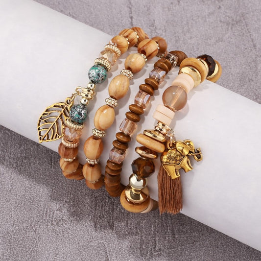 Bohemian Style Elephant Tassel Wooden Bead Stretch Bracelets