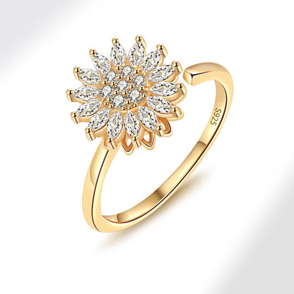 Sier Rotating Sunflower Female Full Diamond Rings