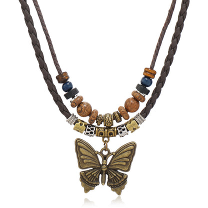 Artistic Retro Butterfly Alloy Wooden Bead Necklaces