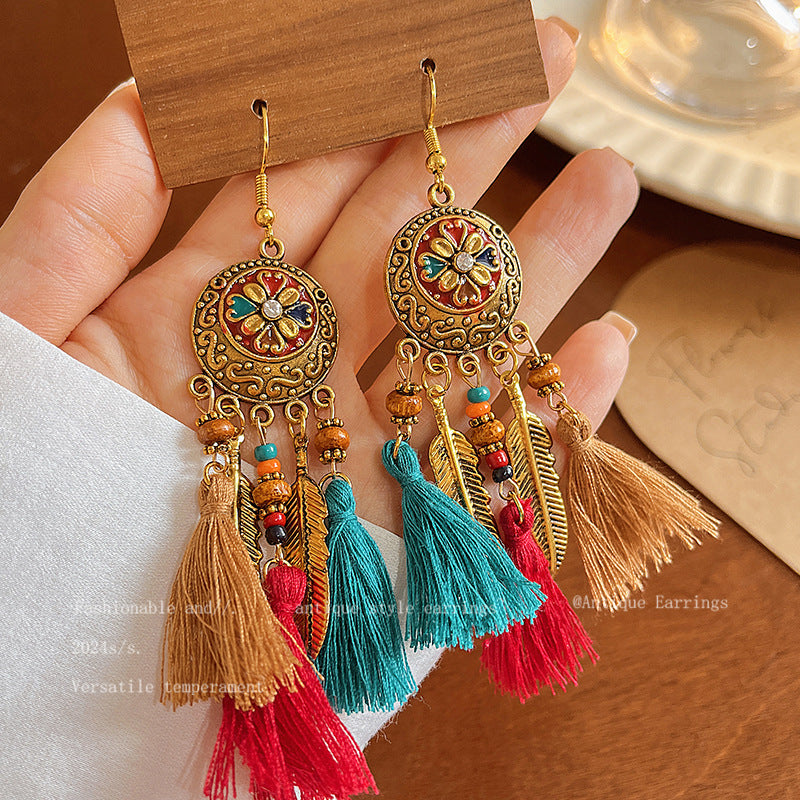 Women's Bohemian Style Long Feather Tassel Ethnic Earrings