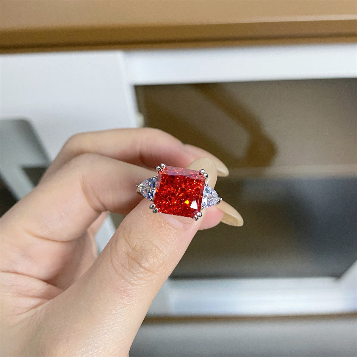 Zircon Square Ice Flower Cut High Rings