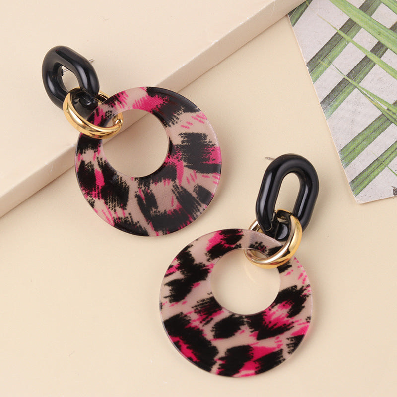 Women's Hollow Color Round Acrylic Personality Leopard Earrings