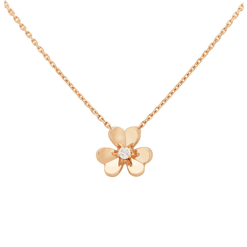 Quality Three Clover Female Full Diamond Petals Rose Gold Necklaces