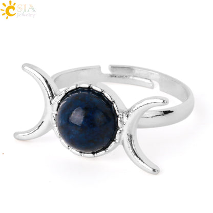 Women's Vintage Crescent Moon Sun Adjustable Sier Natural Stone Rings