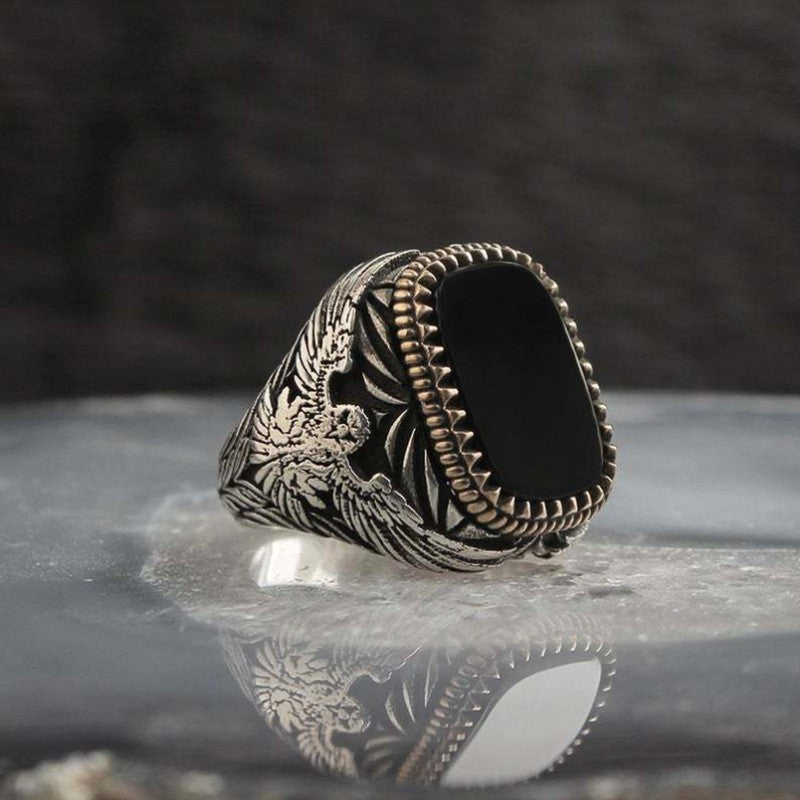 Men's Vintage Natural Black Square Agate Texture Rings