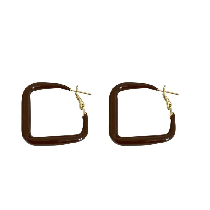 Women's Retro Square Round Brown Drop Oil Ear Earrings