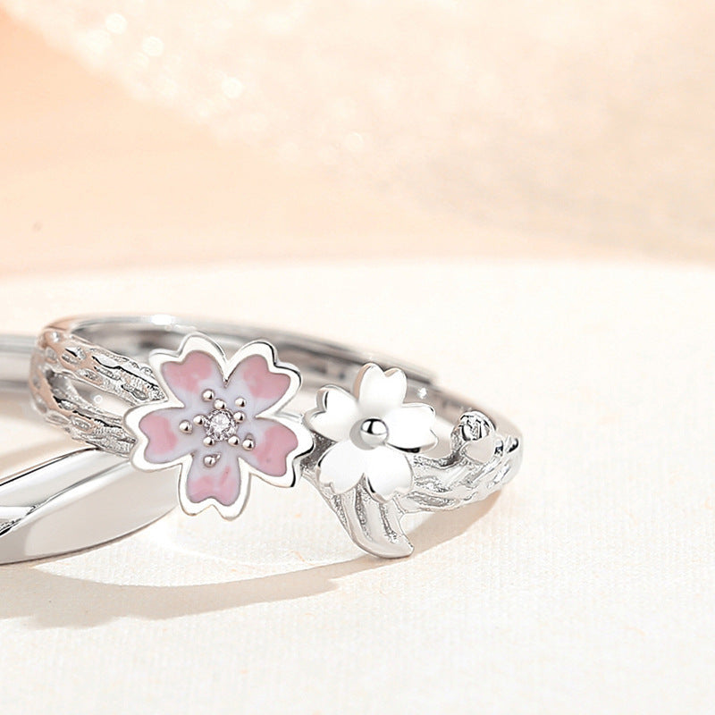 Cherry Blossom Couple Pair Mori Style Design Epoxy Fashion Rings