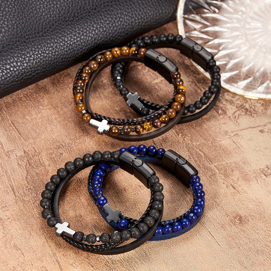 Stone Stainless Steel Obsidian Volcanic Rock Bracelets