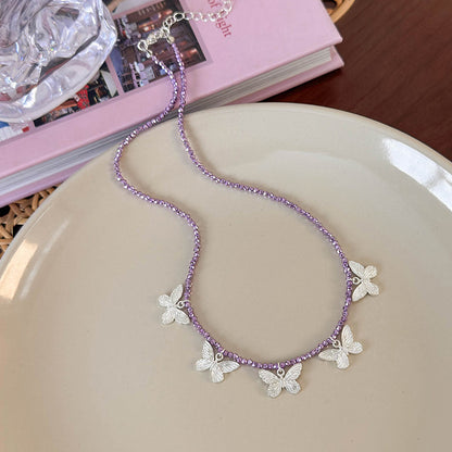 Women's Luxury Sweet Cool Sier Beaded Butterfly High-grade Clavicle Necklaces