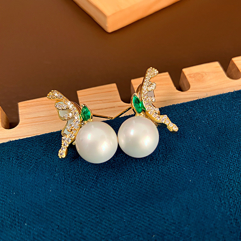 Sier Needle Inlaid Zirconium Bow Pearl High-grade Temperament Rings