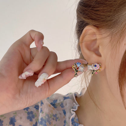 Retro Enamel Glaze Flower Zircon Sier Earrings