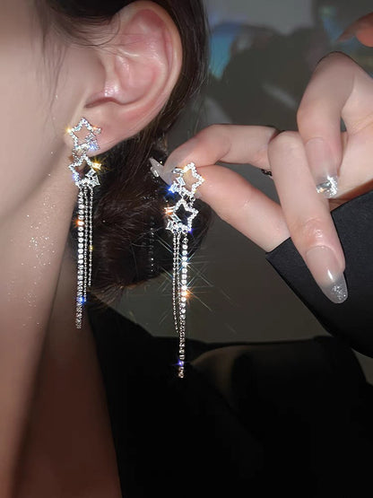 Women's Long Full Rhinestone Tassel Fashion Elegant Earrings