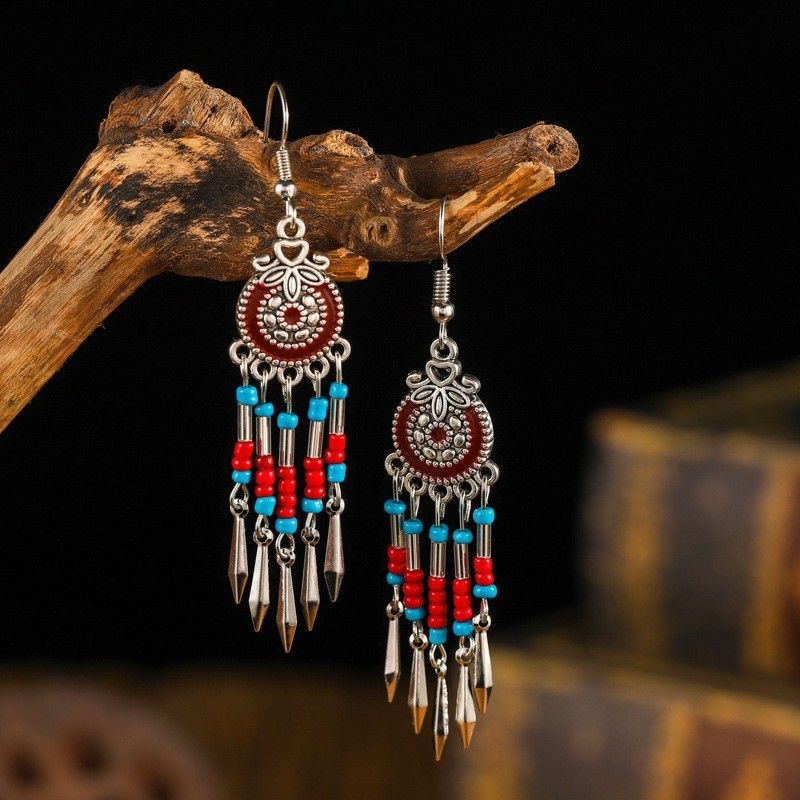 Tassel Turquoise Retro Imitation Miao Sier Minority National Style Earrings