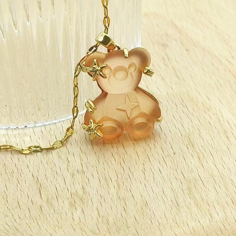 Women's Copper Micro Inlaid Zircon Resin Bear Stainless Steel Light Necklaces