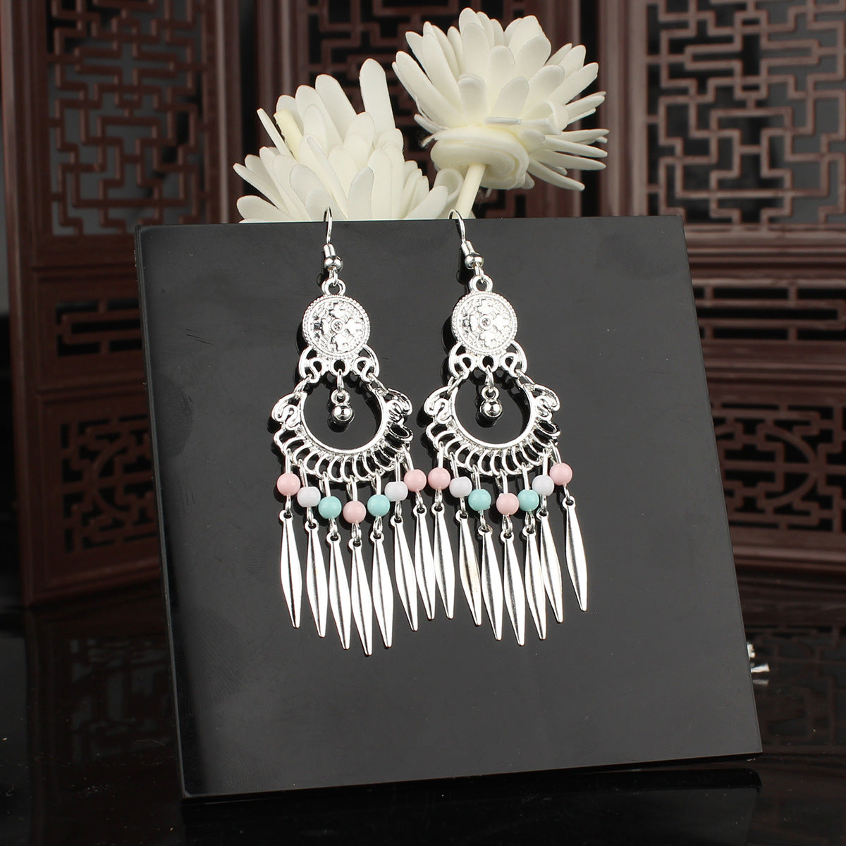 Tassel Turquoise Retro Imitation Miao Sier Minority National Style Earrings