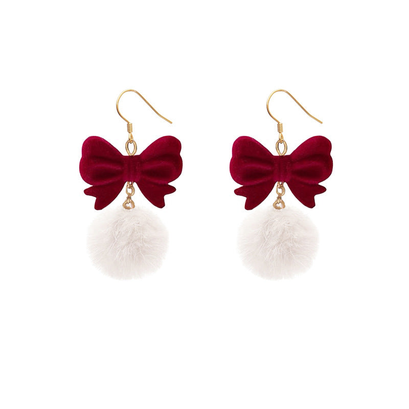 Fur Ball Female Wine-red Plush Sweet Earrings