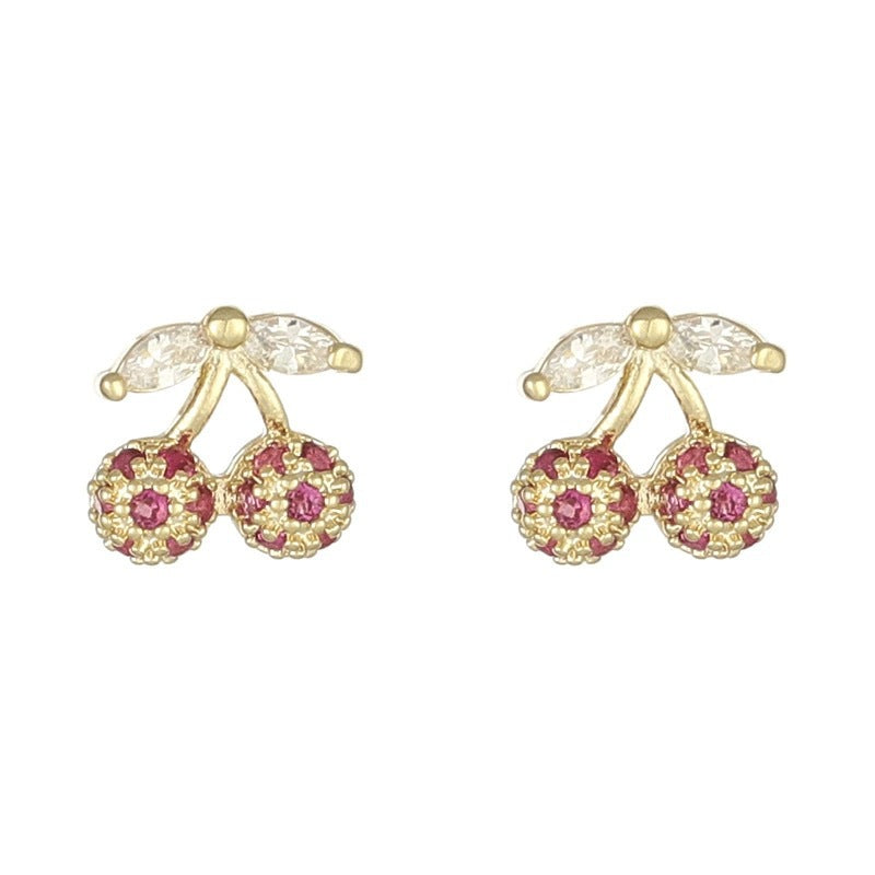 Women's Gold-plated Mini Exquisite Cute Rose Red Cherry Temperament Earrings