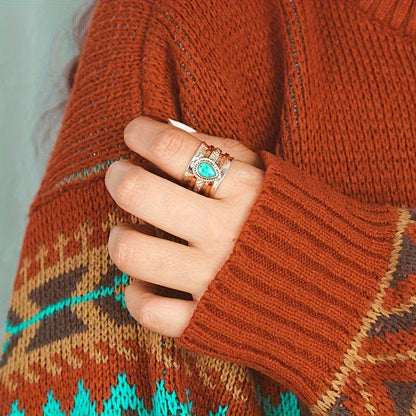 Women's & Men's Retro Style Turquoise Plated Three-color Wedding Rings