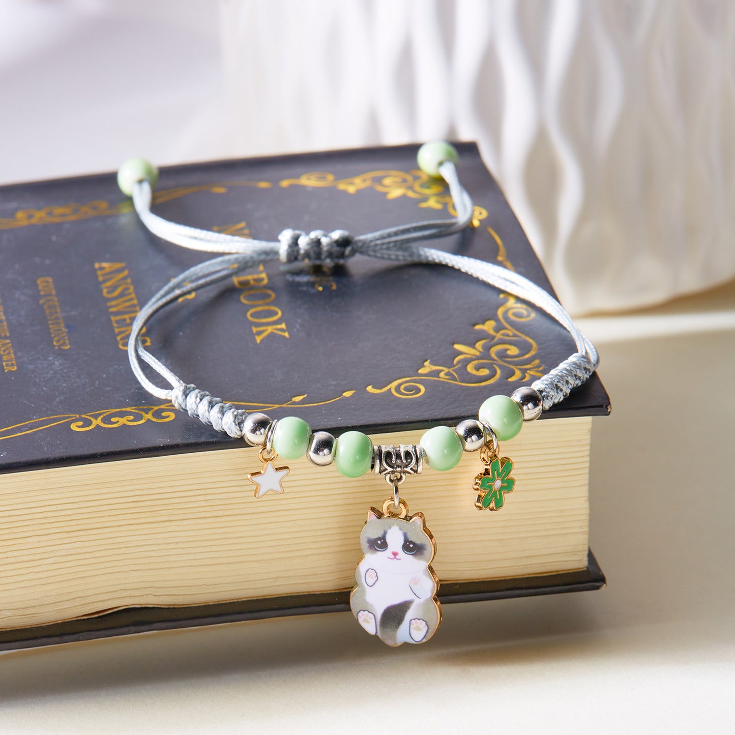 Cat Flower Ceramic Beads Woven Golden Bracelets