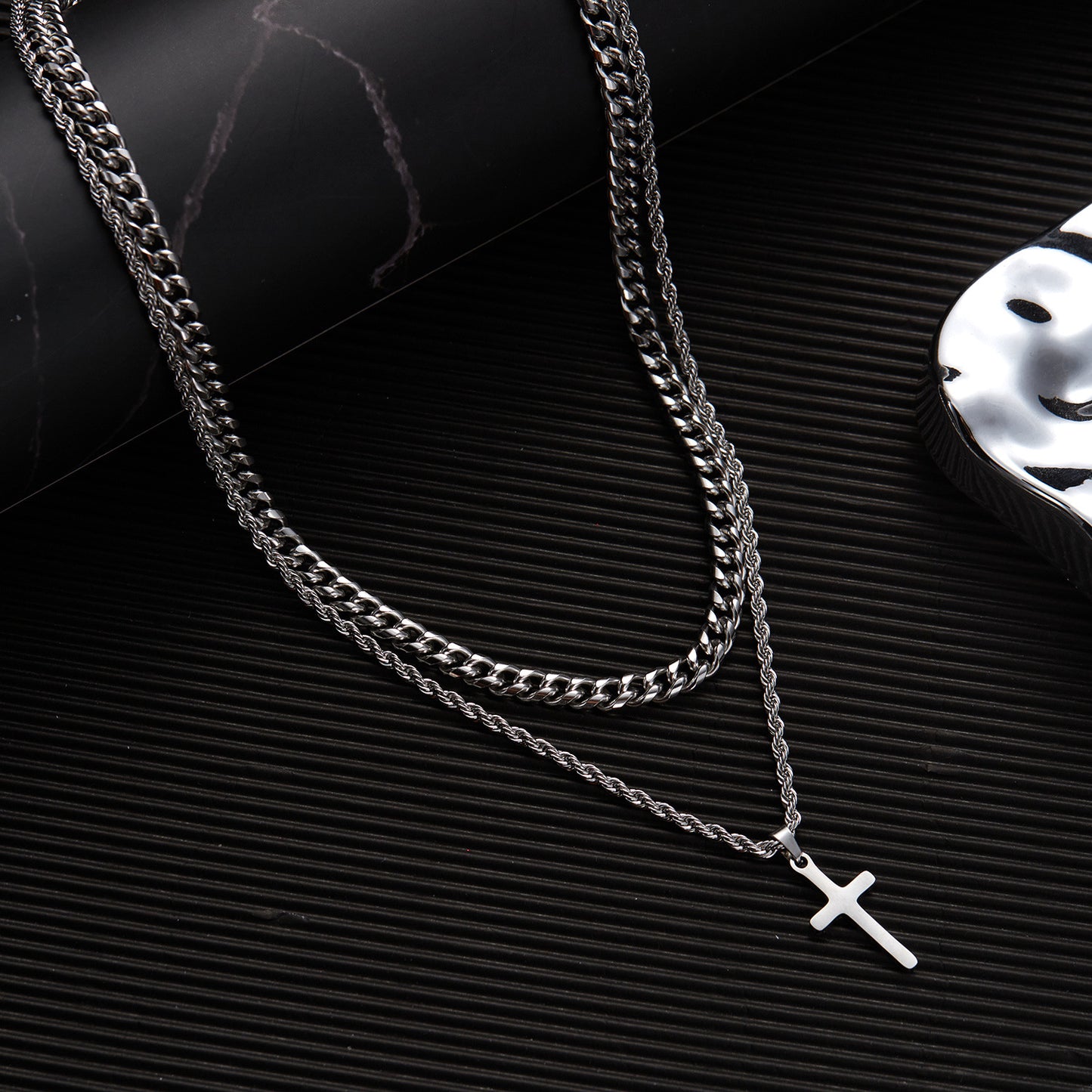 Men's Double Layer Cross Fashion Curb Hemp Necklaces