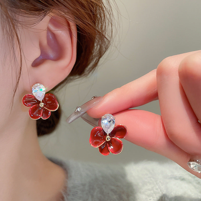 Gold Electroplated Sier Needle Red Dripping Earrings