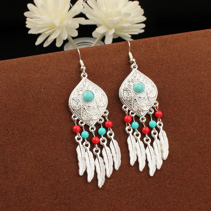 Tassel Turquoise Retro Imitation Miao Sier Minority National Style Earrings