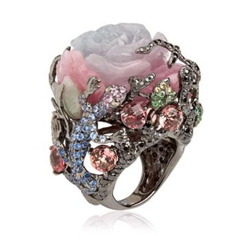 Women's Ornament Peony Flower Timbo Stone Lizard Rings