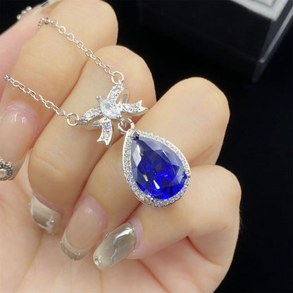 Bottom Cover Drop-shaped Artificial Sapphire Full Diamond Graceful Bow Pendants