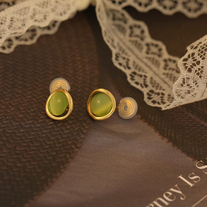 White Fresh Design Green Cat's Eye Mosquito Earrings