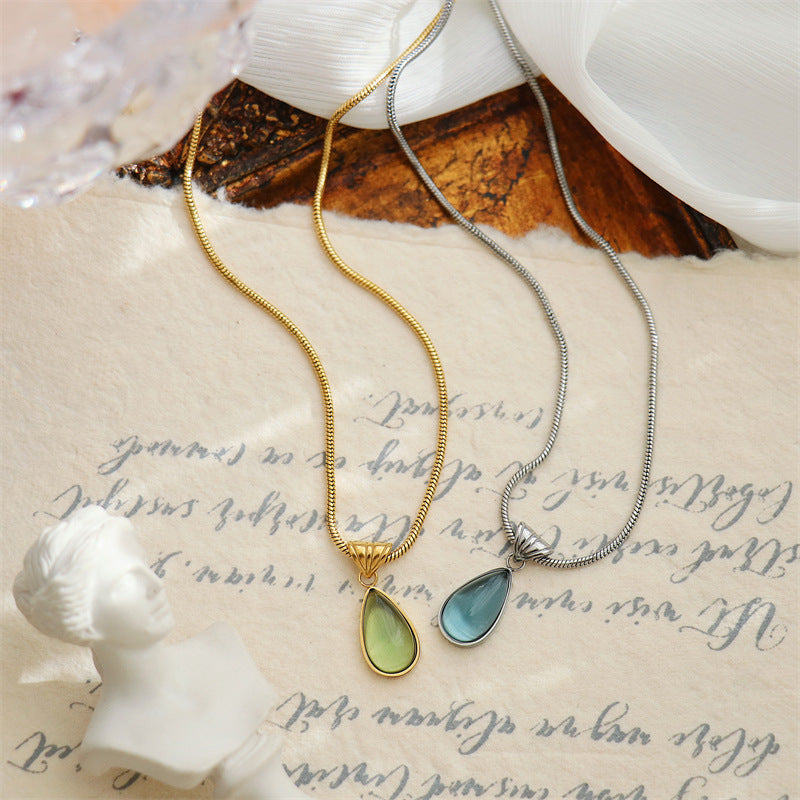 French Clear Green Blue Water Drop Necklaces