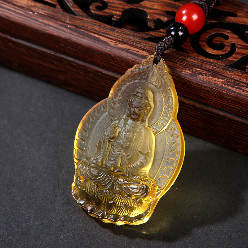 Style Mantra Glass Yellow Bodhisattva Amulet Stall Pendants