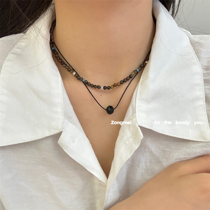 Women's Model Niche Double Black Tiger's Eye Titanium Necklaces