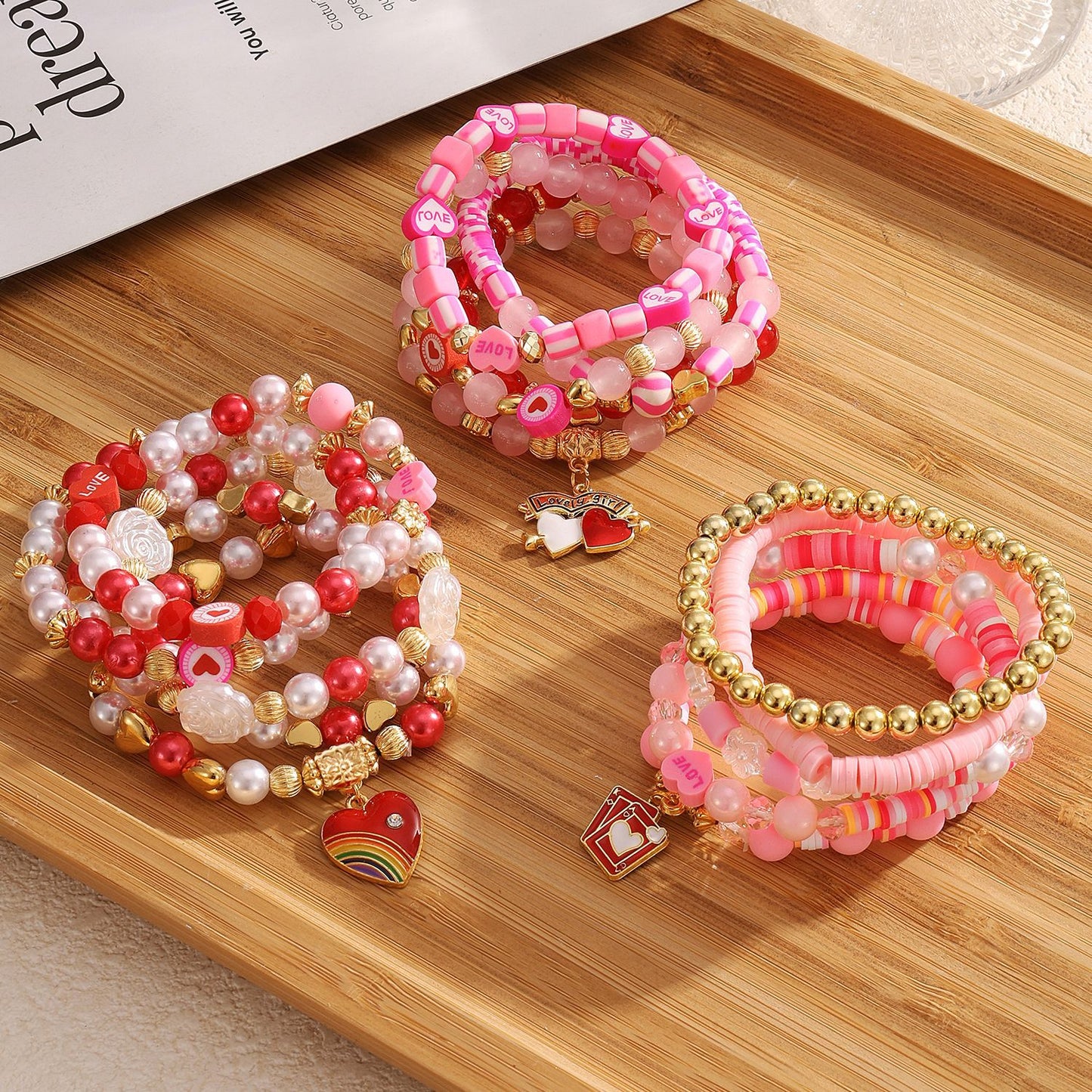 Beaded Set Bow Poker Red Rainbow Bracelets