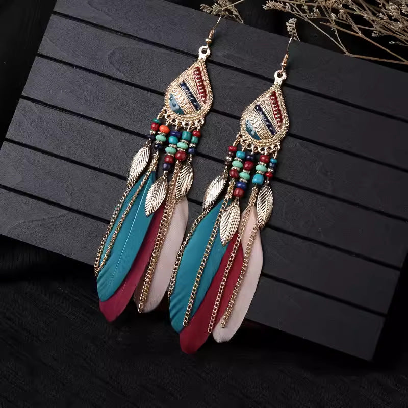 Ethnic Style Long Feather Temperamental Tassels Personality Earrings