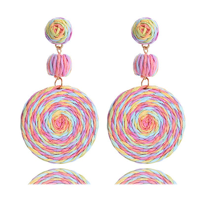 Bohemian Raffia Round Summer Beach Vacation Earrings