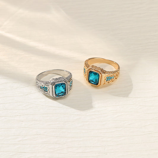 Alloy Electroplated Ice Blue Rhinestone Glass Rings