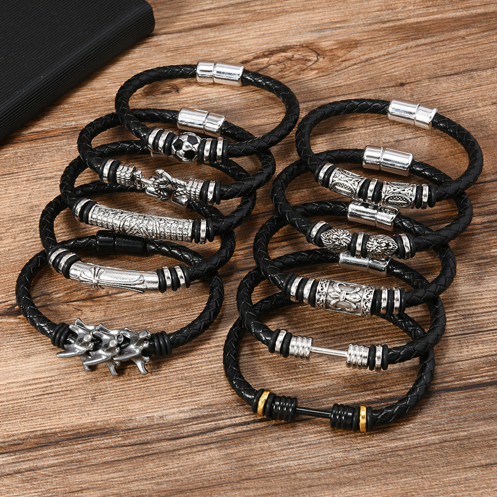 Men's Dumbbell Black Leather Woven Football Personalized Bracelets