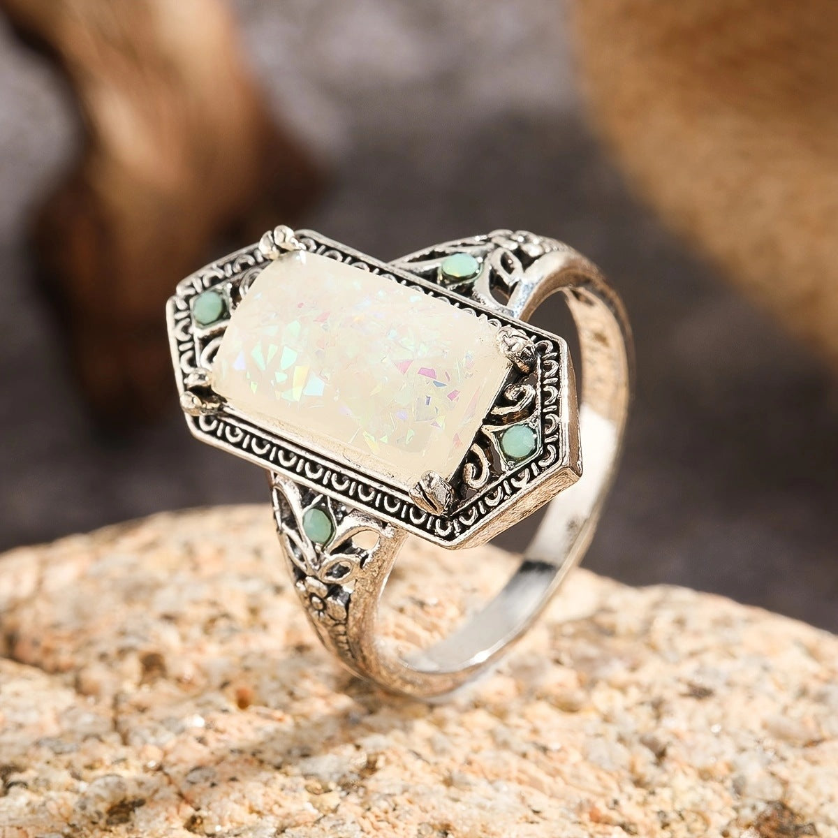 Women's White Opal Antique Sier Hand Jewelry Rings