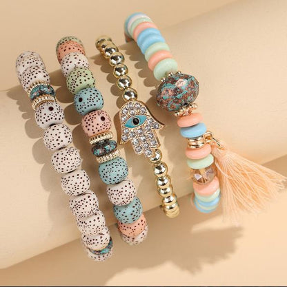 Crystal Contrast Color Turquoise Leaf Tassel Bracelets