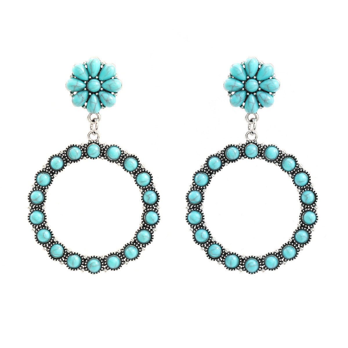 Female Alloy Imitation Turquoise Round Bohemian Earrings