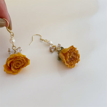 Flower Rose Real Dried Female Autumn Retro National Earrings