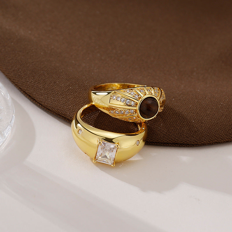 Tigereye Square Diamond Wide Design Light Luxury Rings