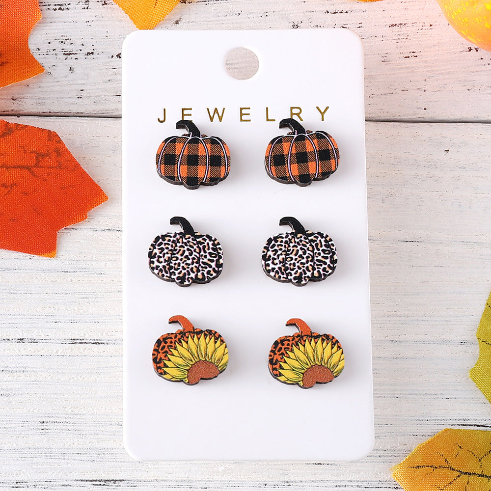 Autumn Thanksgiving Leopard Plaid Pumpkin Earings Earrings