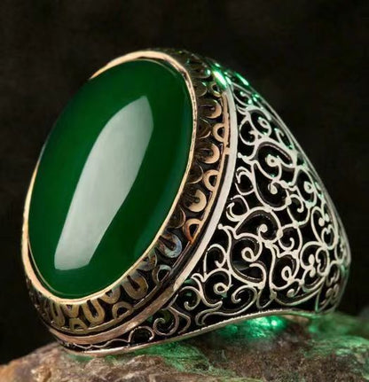 Men's Vintage Natural Emerald Distressed Sier Carved Rings