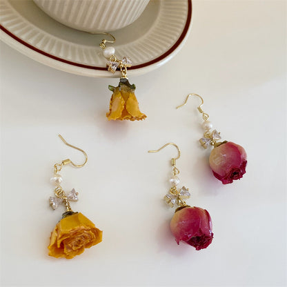 Flower Rose Real Dried Female Autumn Retro National Earrings