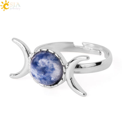 Women's Vintage Crescent Moon Sun Adjustable Sier Natural Stone Rings