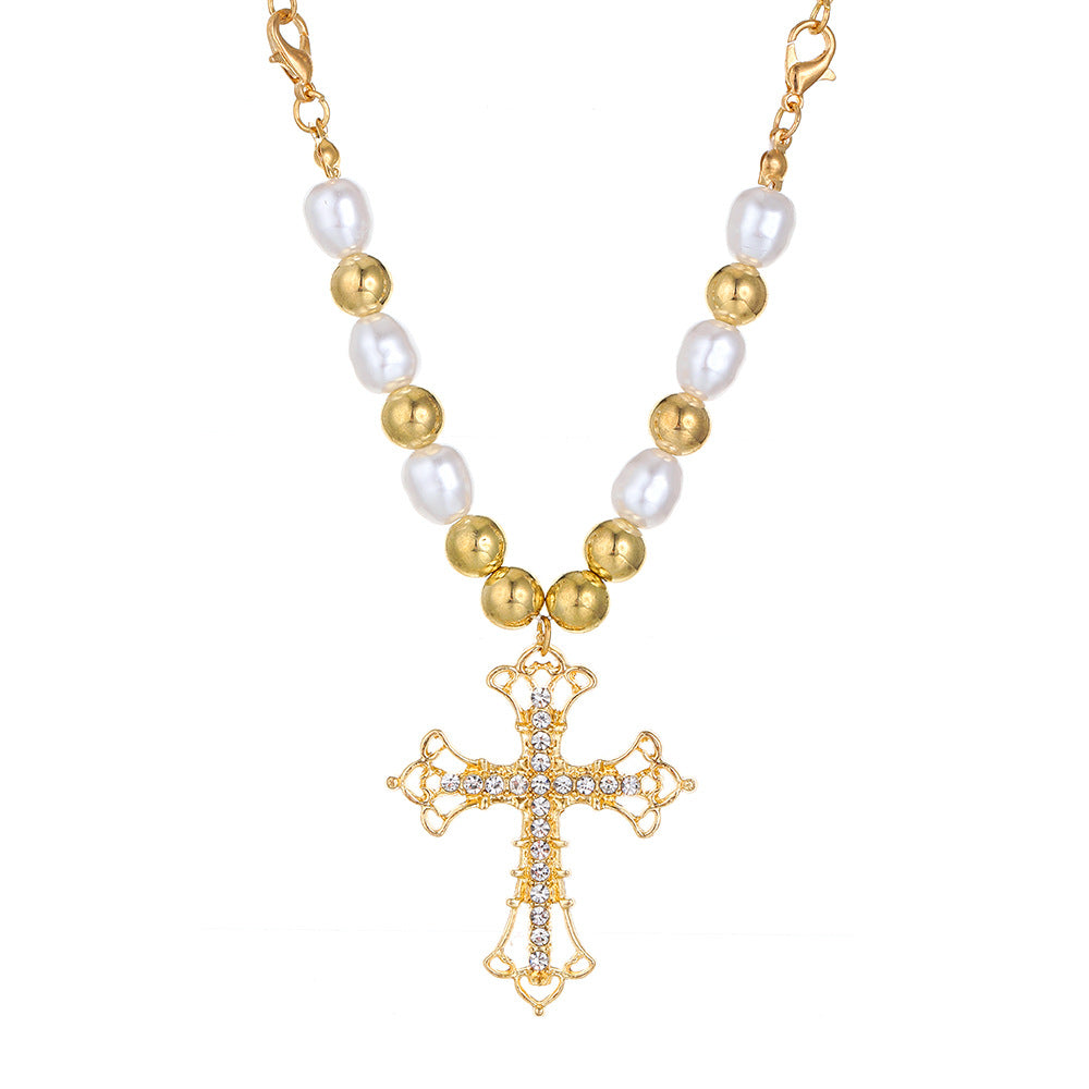 Vintage Pearl Cross Punk Sweater Female Pendants