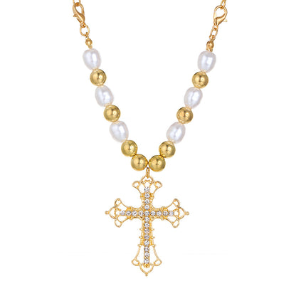 Vintage Pearl Cross Punk Sweater Female Pendants