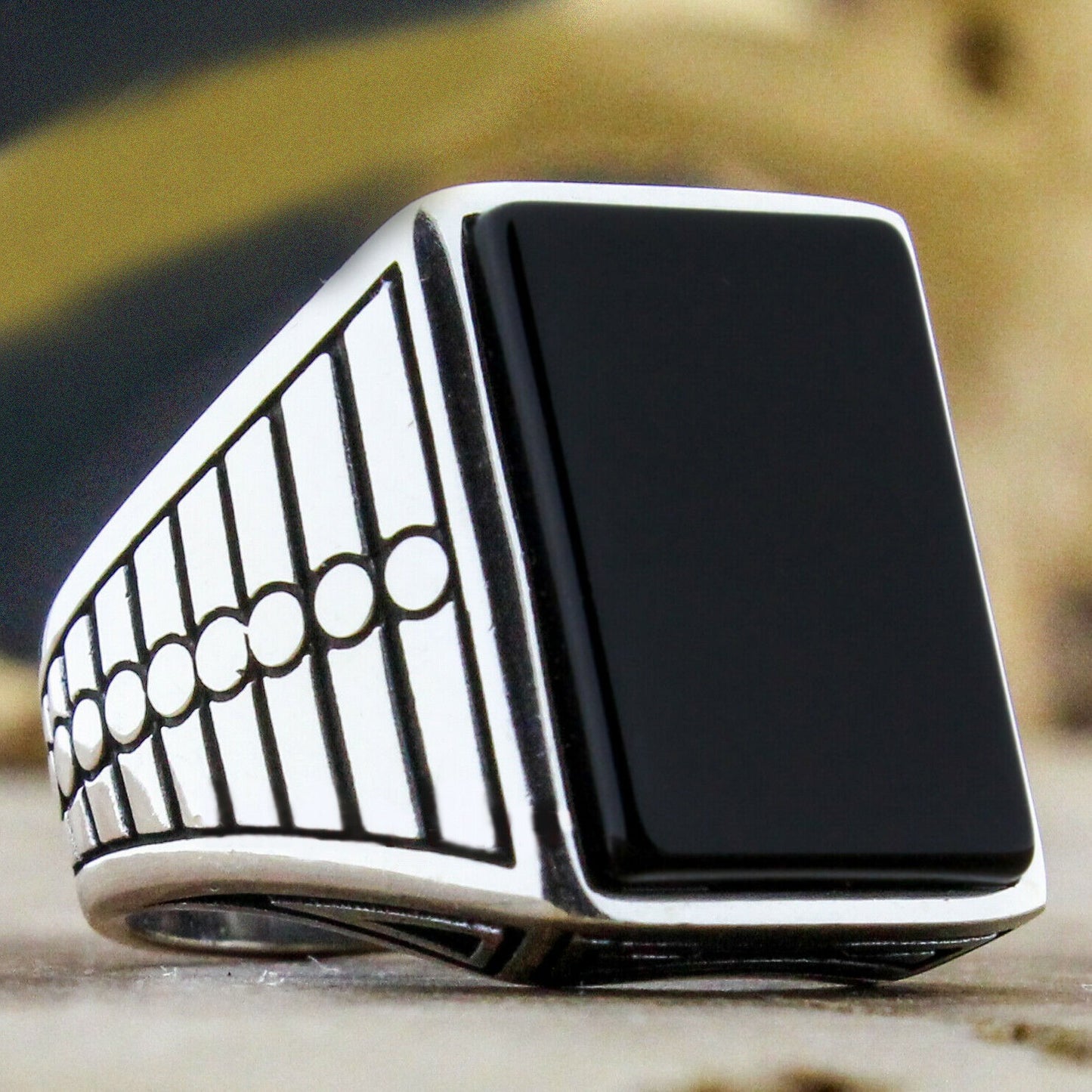 Men's Vintage Natural Black Square Agate Texture Rings